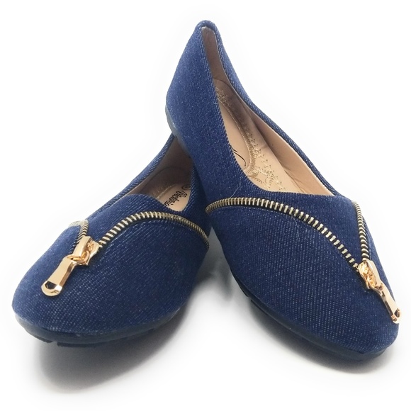 Victoria K Shoes Womens Denim Zipper Ballet Flats B2844 Dk Blue